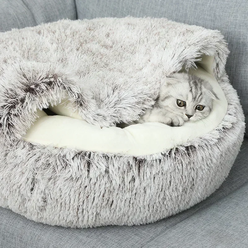 

Round Warm Cats Bed Pet Products House Supplies Sleeping Bag Winter Long Plush Cat Stuff Bed For Small Dogs Cat Nest Accessories