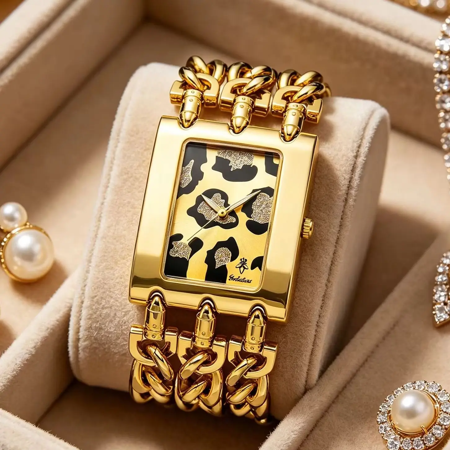 Reloj deportivo resistente al agua YaLaLuSi para mujer, reloj de pulsera con esfera con estampado de leopardo, correa de cadena gruesa en tono dorado, envío gratis