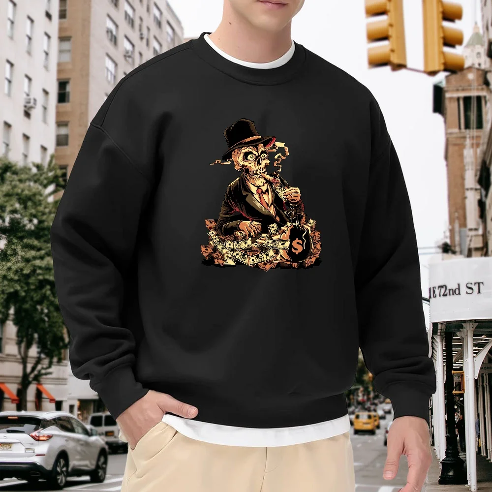 

Men's Black Crew Neck Loose Sweatshirt, Vintage Skull Print Casual Top, Street Fashion Pullover, Comfortable and Versatile Trendy Style for Everyday Wear