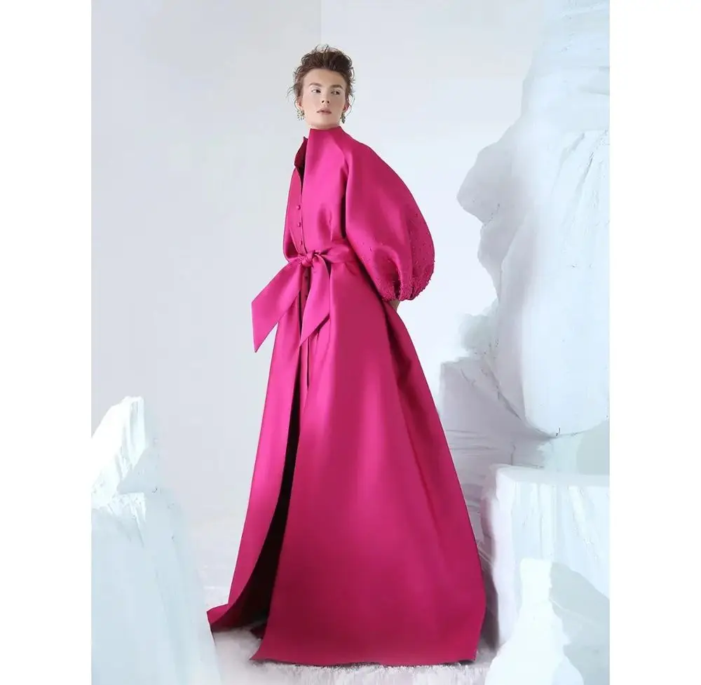 Special Designed 2023 Spring Prom Gowns Flare Sleeves Pleated Fuchsia Formal Dresses Beading V Neck Abiye robe de soiree