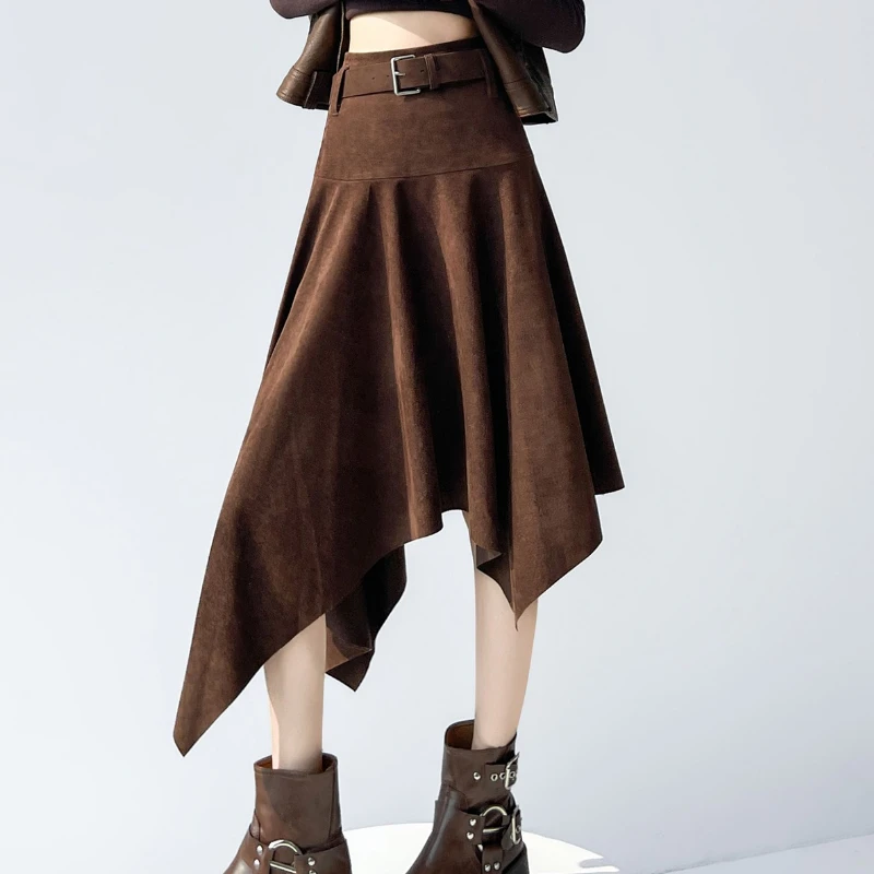 

Seoulish Autumn Winter Vintage Irregular Velvet High Waist Women's A-line Skirts 2025 New Korean Office Umbrella Skirts Female