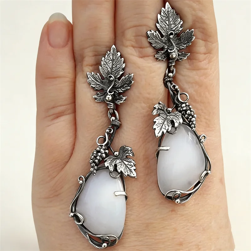 Vintage Water Droplets White Stone Earrings Silver Color Metal Carved Leaves Long Dangle Earrings for Women Jewelry