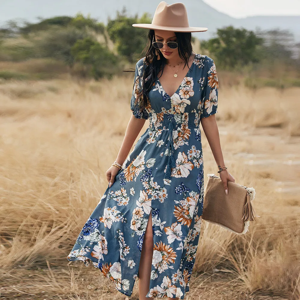 

New Female Short Sleeve Maxi Split Dress Summer Beach Boho Print Sexy V-Neck Floral Long Dresses Women Casual Loose Party Robe