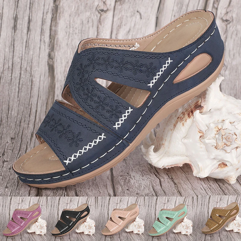 Summer Women Leather Wedge Sandals Premium Orthopedic Open Toe Slippers Vintage Anti-Slip Casual Female Platform Retro Shoes