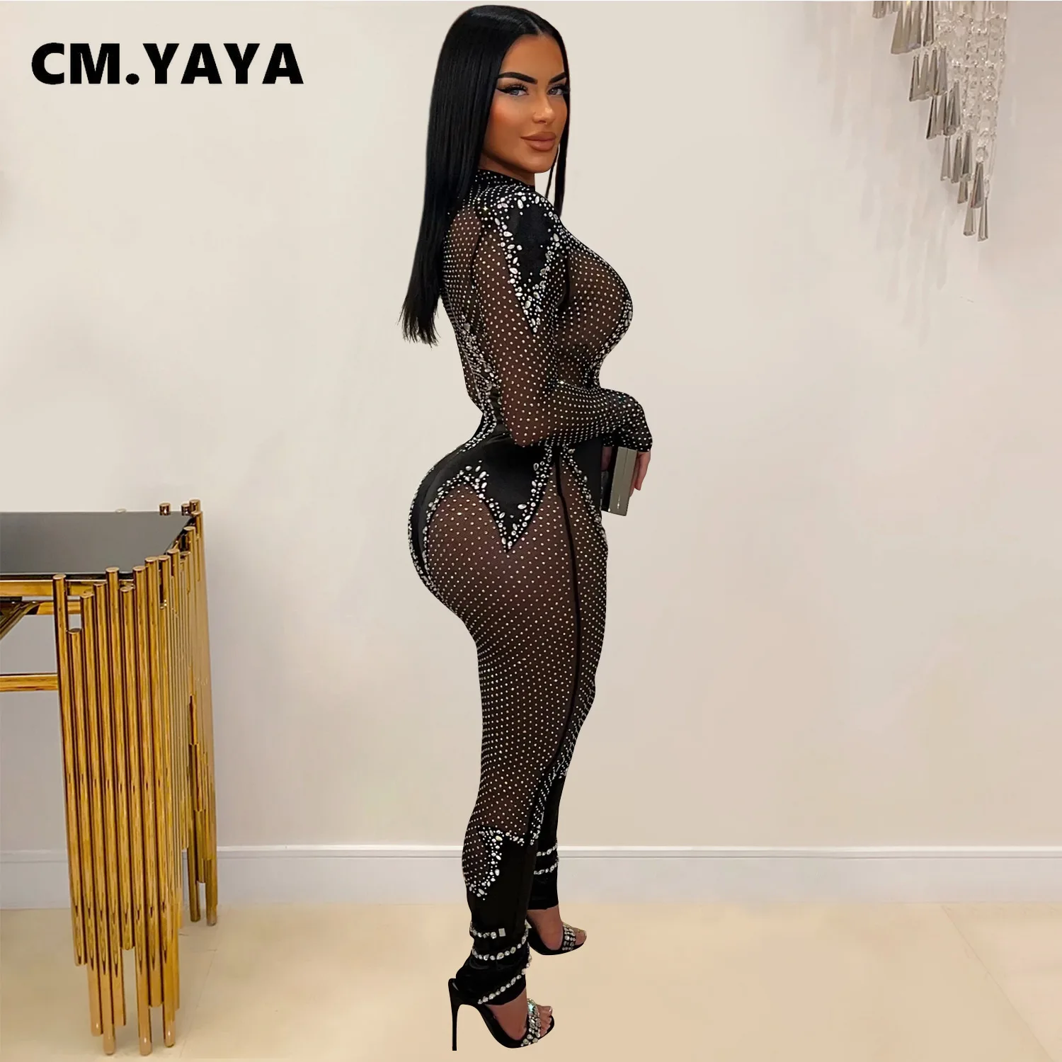 CM.YAYA Women 2024 Fashion Mesh See Though Diamonds Hot Rhinestones Sexy Party Club Jumpsuit One Piece Suit Romper Playsuits