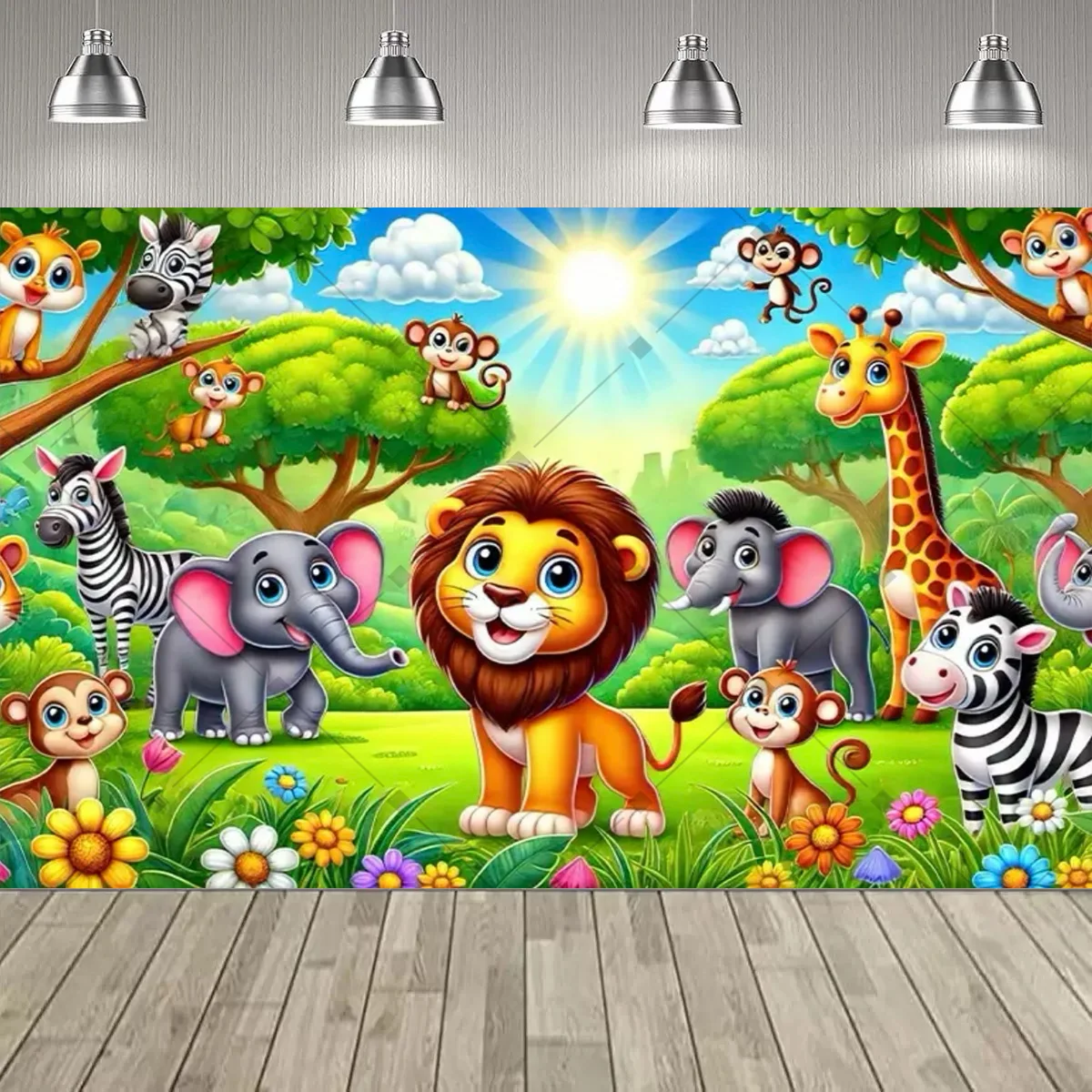 Lebendiger Dschungel-Tier-Party-Dekor-Hintergrund, niedlicher Löwe, Tiger, Elefant, Thema, Kindergeburtstag, Partyzubehör, Dekor, Banner, Baby-Taufe – Detail 5