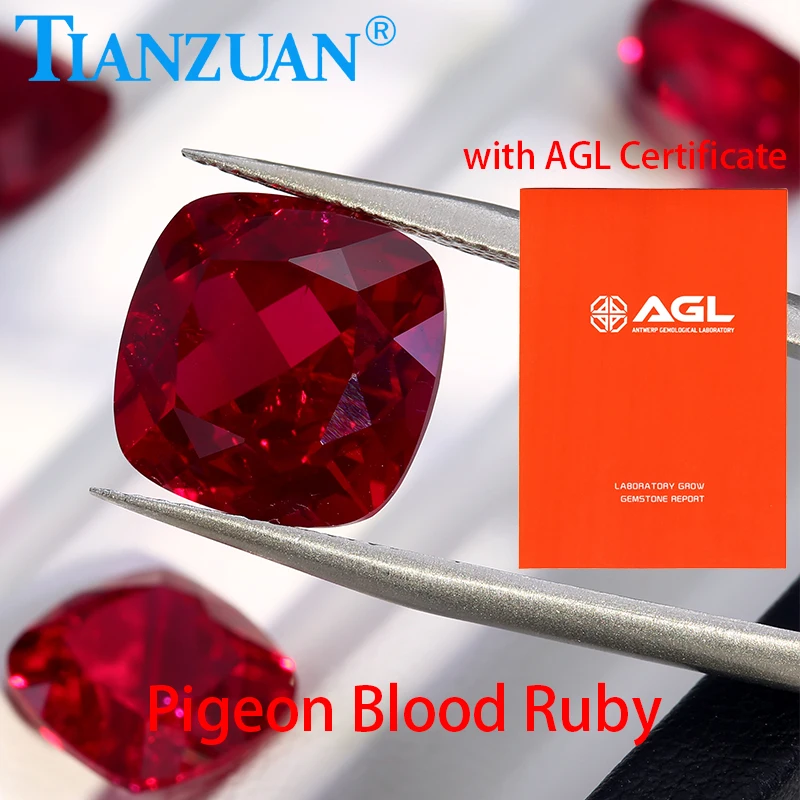 

Lab Grown Ruby Pigeon Blood Red Ruby Cushion Shape Natural cut Synthetic Corundum Visible Inclusion Crack with AGL certificate