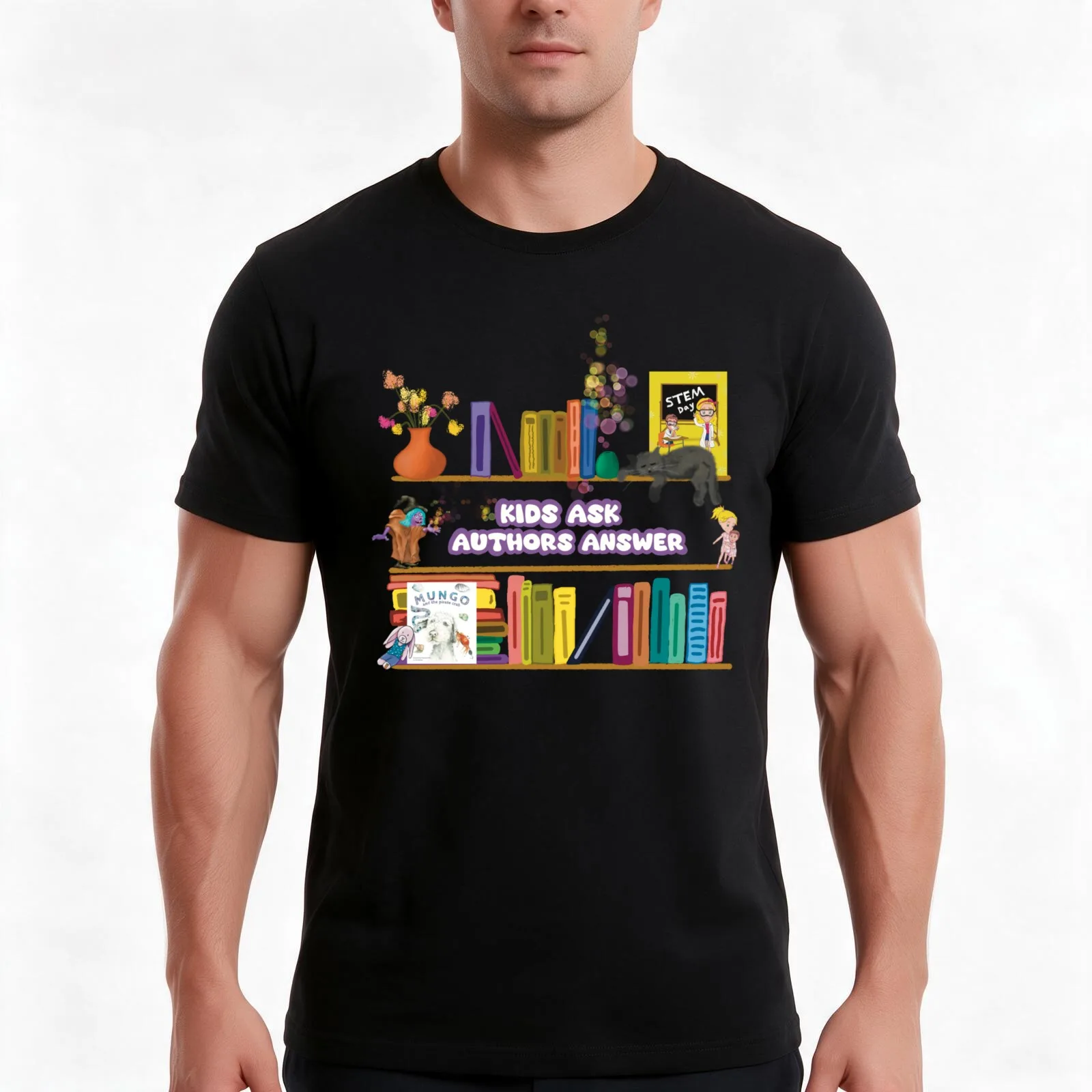 Kids Ask Authors Answer show fun bookshelf. T-Shirt Summer Casual Cotton Tee Unisex Men Women