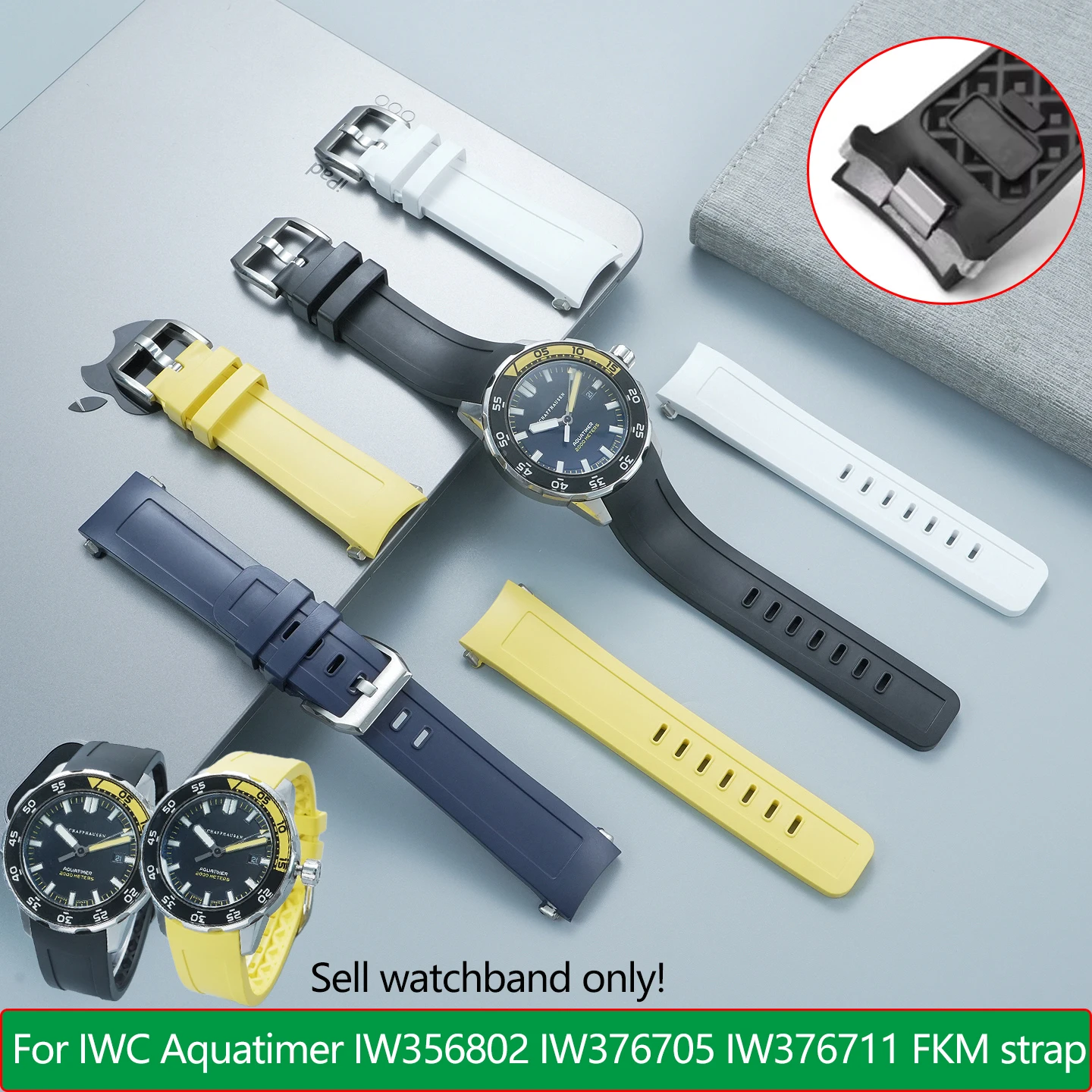 Quick-release Curved end FKM strap men bracelet For IWC AQUATIMER OCEAN Timepiece IW356802 IW376705 IW376711 Fluororubber Band