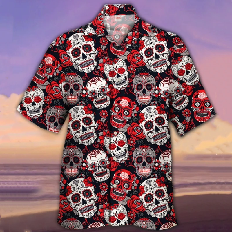 Herenshirt Met Schedelprint Retro Casual Cubaanse Kraag Overhemd Voor Heren Strandcasual Herenkleding Oversized Hawaiiaanse Overhemden Met Korte Mouwen