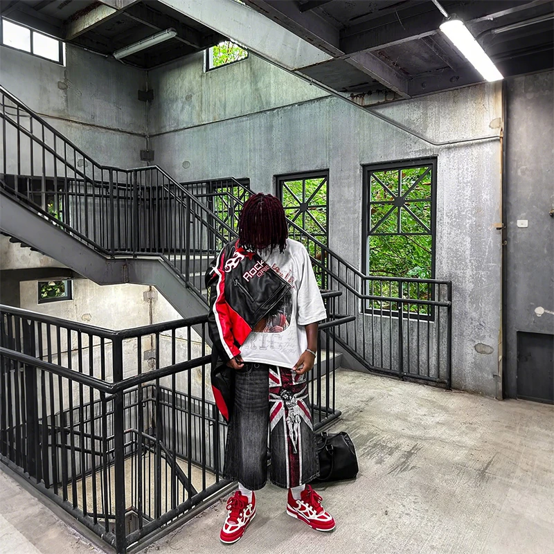 Y2K Jeans lavati vintage Moda bandiera britannica modello stampa pantaloncini di jeans larghi casual gotico uomo donna punk rock streetwear