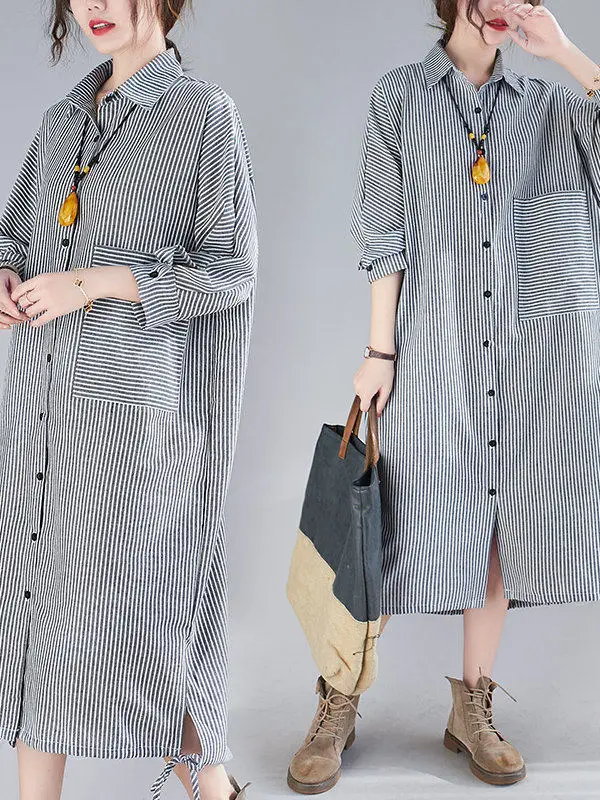 

Striped irt Women's Spring 2026 Artistic Faion Ele Midi Dr Loose Fit Long Sve A-Line Skirt Single Button Closure