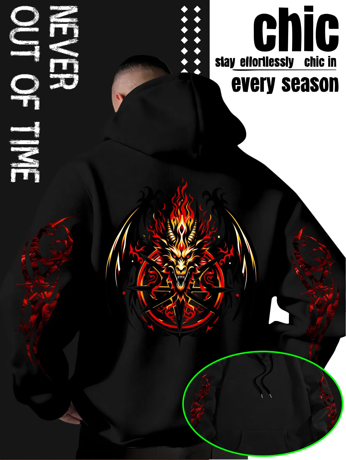 Fashionable Men's Flame, Star and Wings Head Logo Print Autumn/Winter Long-Sleeve Hooded Shirt