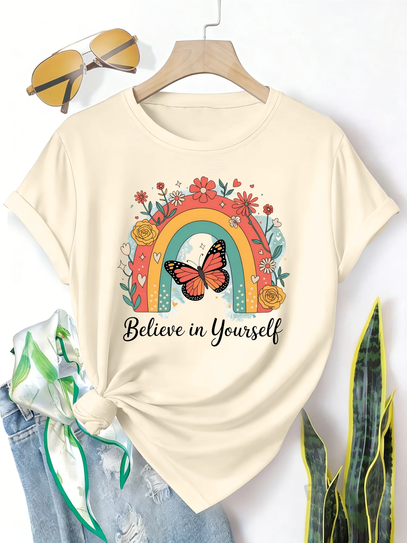 

Plus size women's short sleeve T-shirt Rainbow Butterfly Flowers Hearts Text Spring and Summer Essentials summer outfits