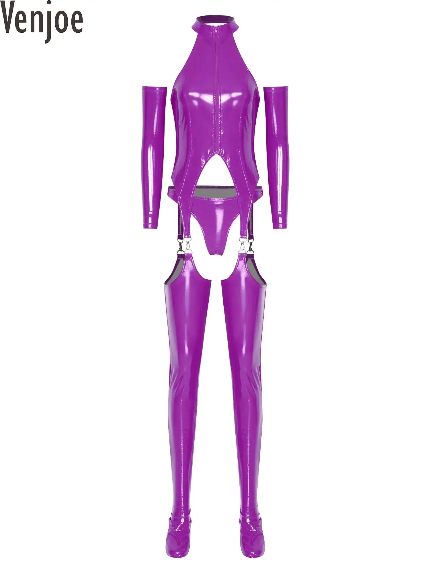 

Женский блестящий кожаный ажурный комбинезон с трусами и рукавами, комплект из 3 предметов, костюм, одежда для ночного клуба