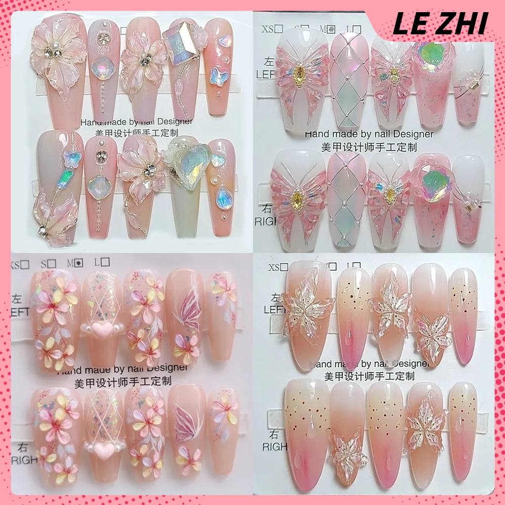 

Fashion Summer 3D Gel Flower Wearable Press on Nails Pure Handmade Rhinestone Decoration Artifical Full Cover Nail Tips Art Gift