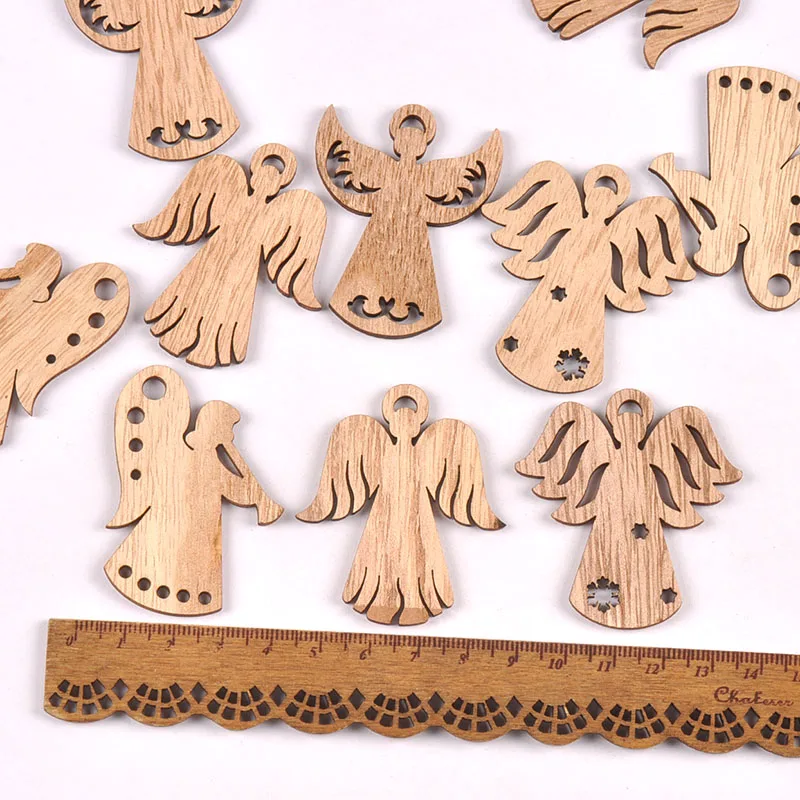10Pcs 49.5x42.5mm Mixed Angel Pattern Natural Wood Slices Handmade Crafts DIY Hanging Oranments Home Christmas Party Decoration