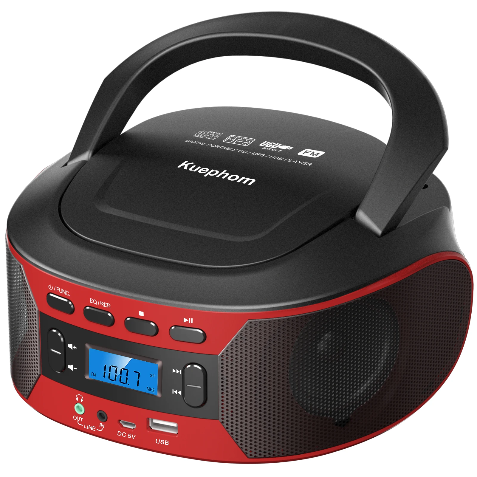 Boombox de radio CD con reproductor de CD portátil Bluetooth y USB con EQ, alimentación de CA y CC, pantalla digital retroiluminada