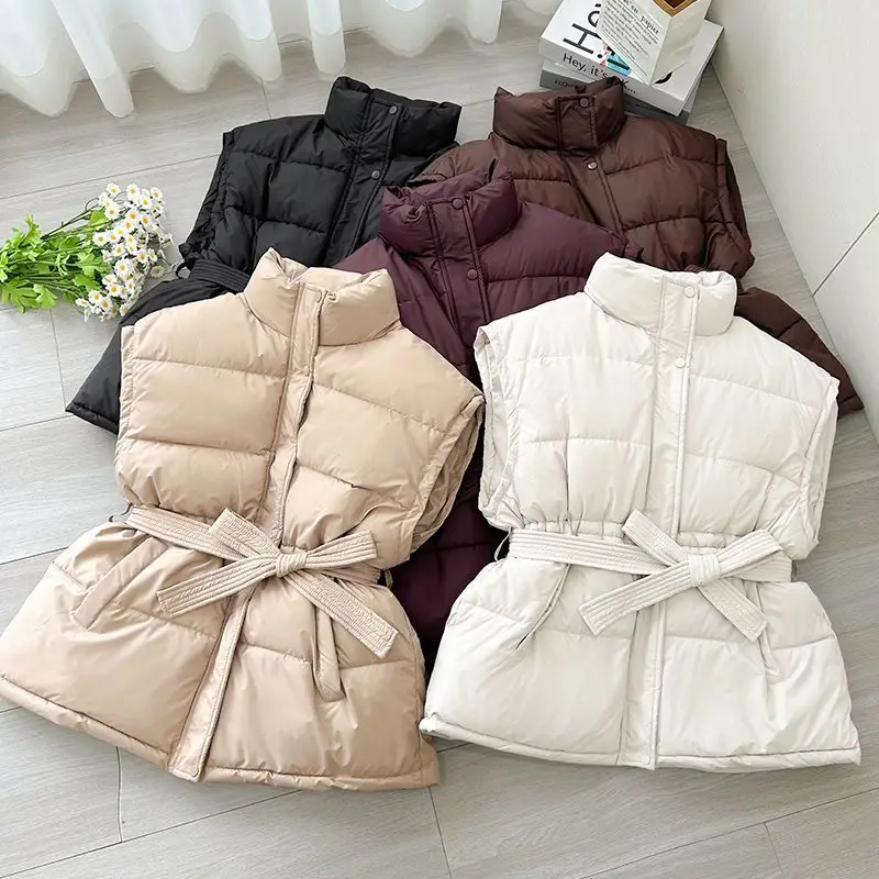 

Autumn Winter Belt Slim Cotton Jacket Vest for Women 2025 Fashion Stand Up Collar Zipper Waistcoat Warm Sleeveless Quilted Coats