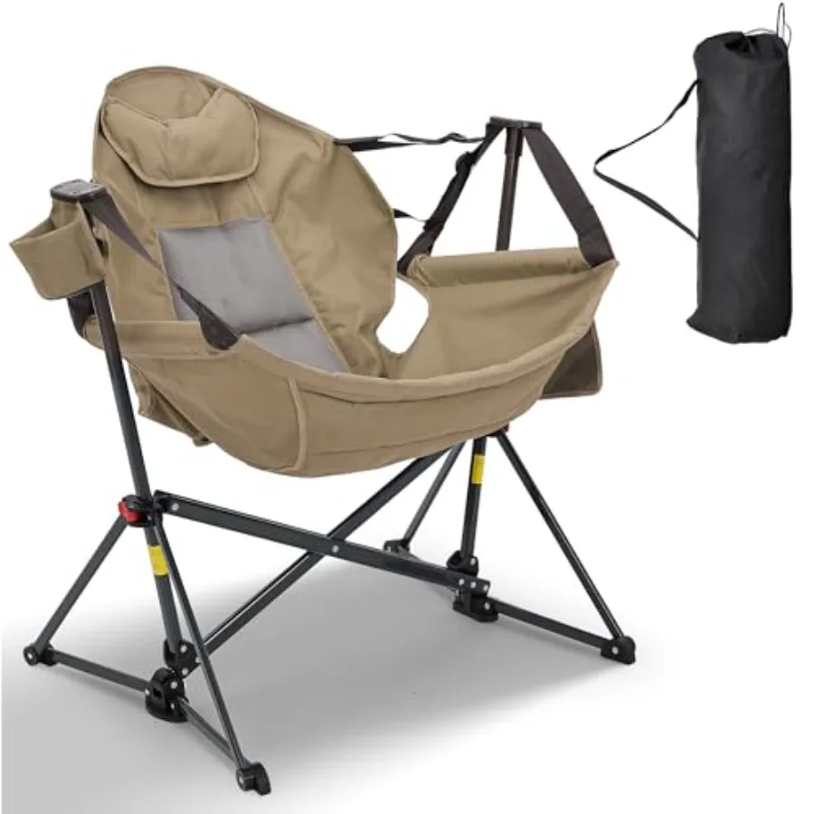

Foldable Portable Rocking Chair for Adults Camping Outdoor Patio Poolside with Cup Holder Pillow Brown Hammock Style