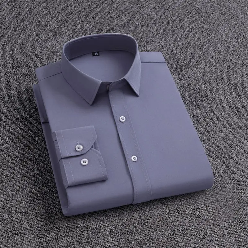 Men Long Sleeve Dress Shirt Stretch Wrinkle Resistant Solid Color Business Workwear Formal Blouse