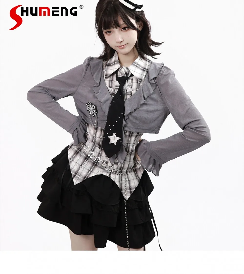 

Japanese Style Harajuku Streetwear Girly Y2K Skirts Sets Ruffle Plaid Patchwork Sweet Gothic Cute Layered Short Skirt for Women