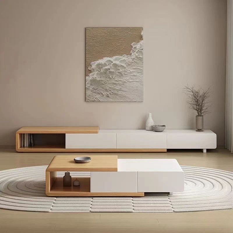 

Modern simple telescopic TV cabinet coffee table combination log color minimalist new TV cabinet