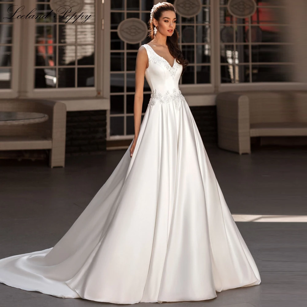 Lceland Poppy Customized A Line V Neck Satin Wedding Dresses Sleeveless Beaded Bridal Gowns with Court Train
