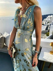 Casual Holiday Boho Party Bronzing Women Dress Elegant Ladies A-Line Maxi Dress Summer New Sexy V-Neck Loose Beach Dress Vestido