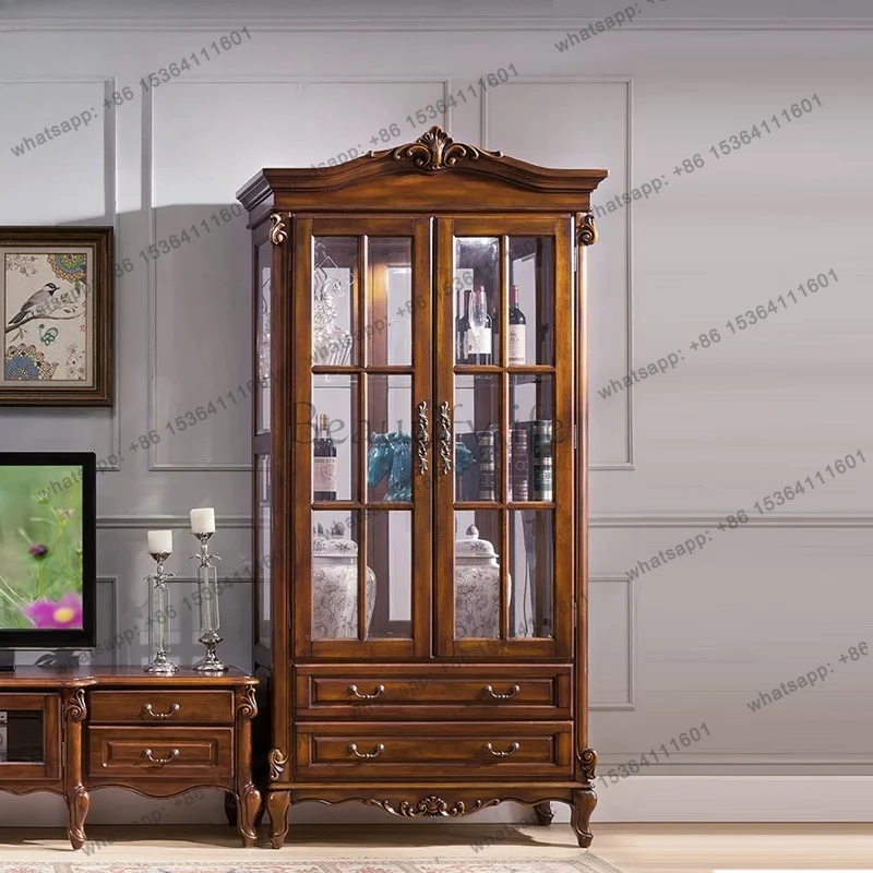 

American solid wood European living room single and double door glass wine cabinet display decorative cabinet