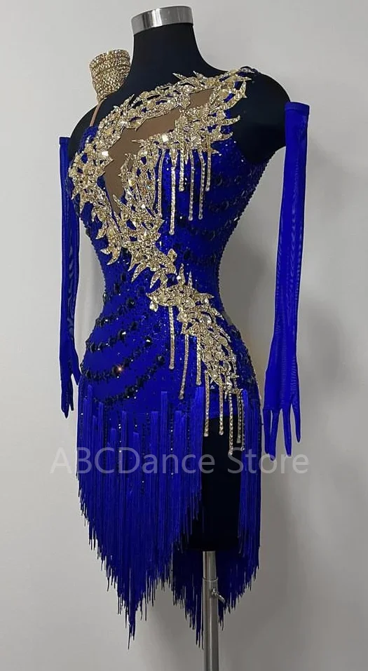 Vestido de baile latino azul, vestido corto de baile latino con apliques dorados, ropa latina para actuaciones en escenario, disfraz con espalda descubierta