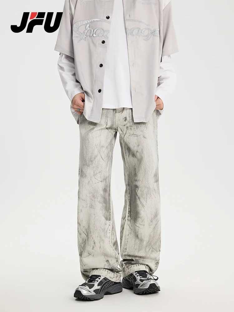 

Мужские джинсы JFU: Новинка весенней коллекции, американский ретро-стиль, прямые, повседневные, свободные, широкие штанины, из хлопкового денима