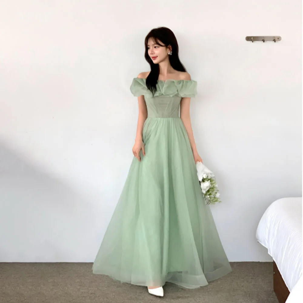 

XPAY Fairy Tulle Green Korea Wedding Party Dress Photo shoot Black Belt Tulle Prom Evening Gowns Bridal Dres Customized