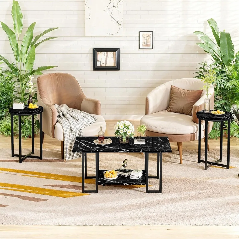 3-Piece Living Room Table Set: Faux Marble Coffee Table and 2 Round End Tables with Metal Frame