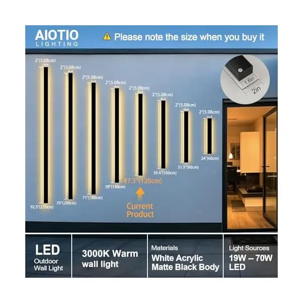Modern Linear Outdoor Wall Light 47 Inch Black IP65 Rated Acrylic and Iron Fixture 3000K LED Illumination for Porch Garage Front