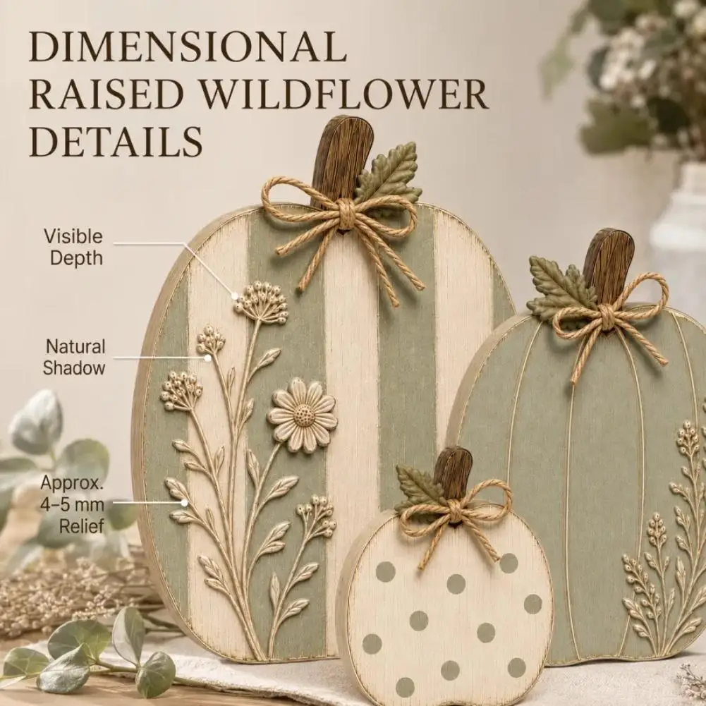 3Pcs Farmhouse Wooden Pumpkin Table Decor Embossed Floral Polka Dot Pumpkin Ornament Fall Thanksgiving Home Tabletop Decor
