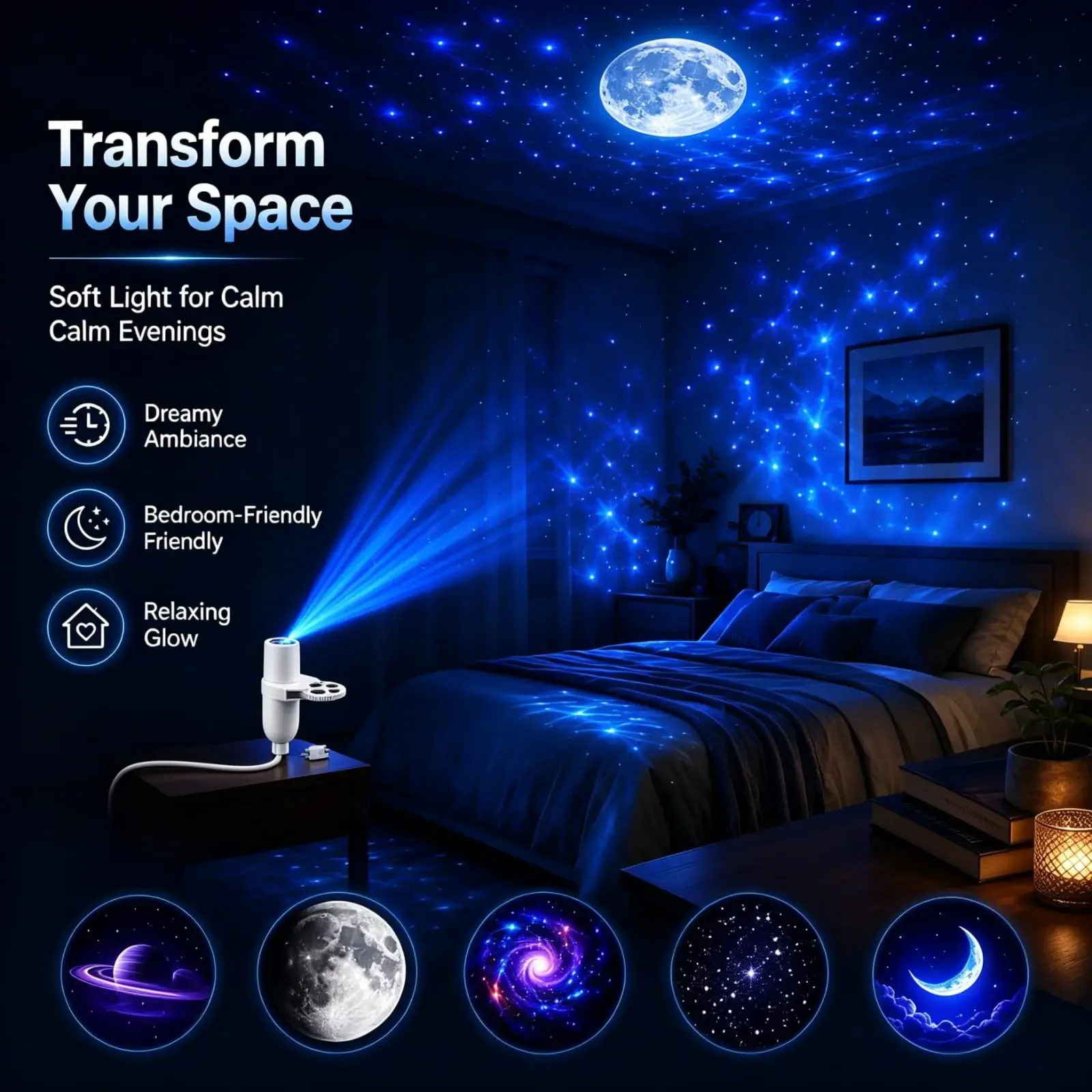 2-in-1 USB-Ambientelicht Sternenhimmel-Projektion Atmosphäre Mehrere Szenen Einstellbare Fokusdistanz Nachtbeleuchtungsfunktion – Detail 7