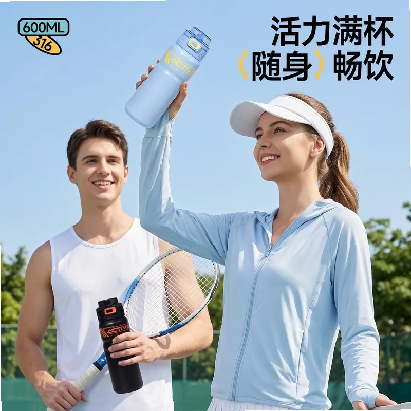 Stainless Steel Sports Water Bottle 2-in-1 Dual Drinking Spout Flip Lid Portable Carry Rope Cup Outdoor Car Student Gym office
