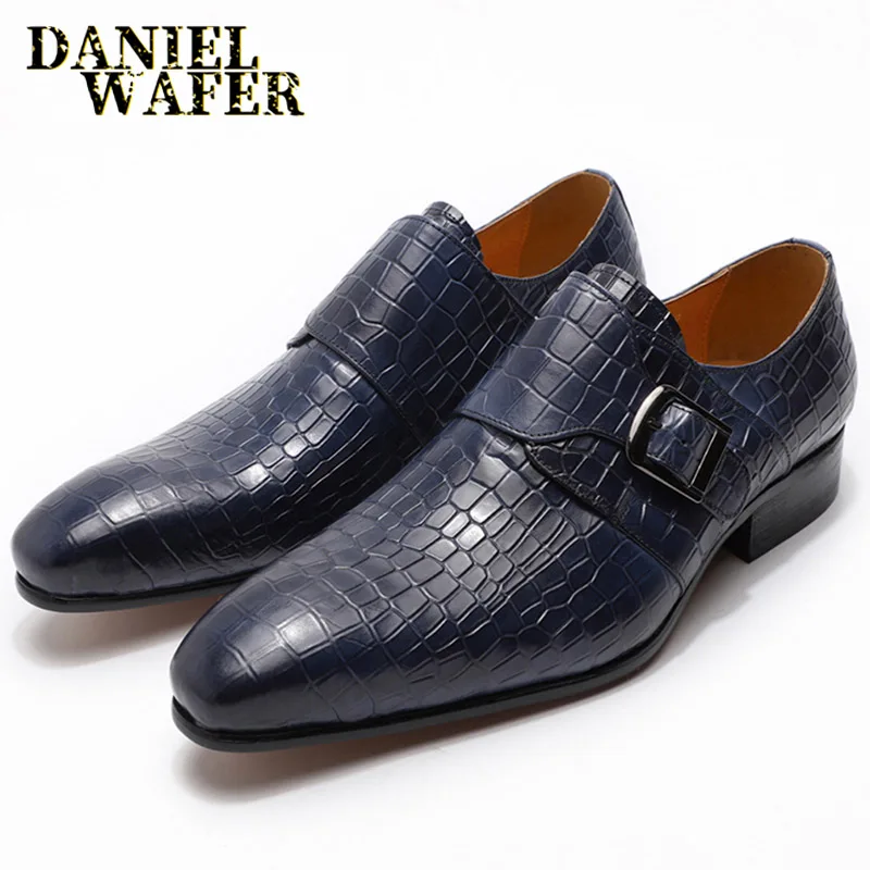 

Classic Mens Dress Shoes Genuine Leather Buckle Monk Strap Pointed Toe Wedding Shoes Crocodile Pattern Business Formal Shoes Men