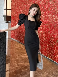 Summer Women Evening Dress Formal Vintage Chic Square Collar Slim Midi Dresses Party Birthday Robe Femme Mujer Vestidos Fiesta