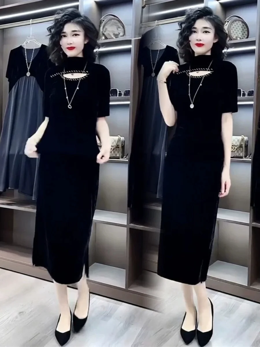 

Fashionable Hong Kong Two-Piece Set Women's Early Autumn Semi-High Collar Short Sleeve T-Shirt Skirt Ensemble Summer