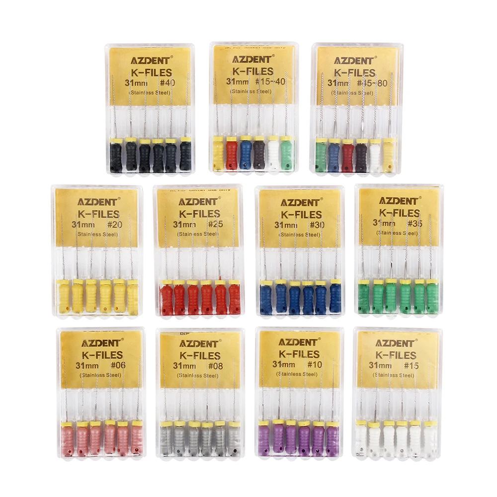 10 팩 AZDENT 치과 손 사용 K-파일 스테인레스 스틸 근관 치과 파일 21mm/25mm/31mm 엔도 파일 치과 실험실 도구