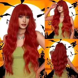 ALAN EATON Orange Synthetic Wigs with Bangs for Women Colorful Party Cosplay Hair Long Wavy Wigs Soft Natural Heat Resistant Wig