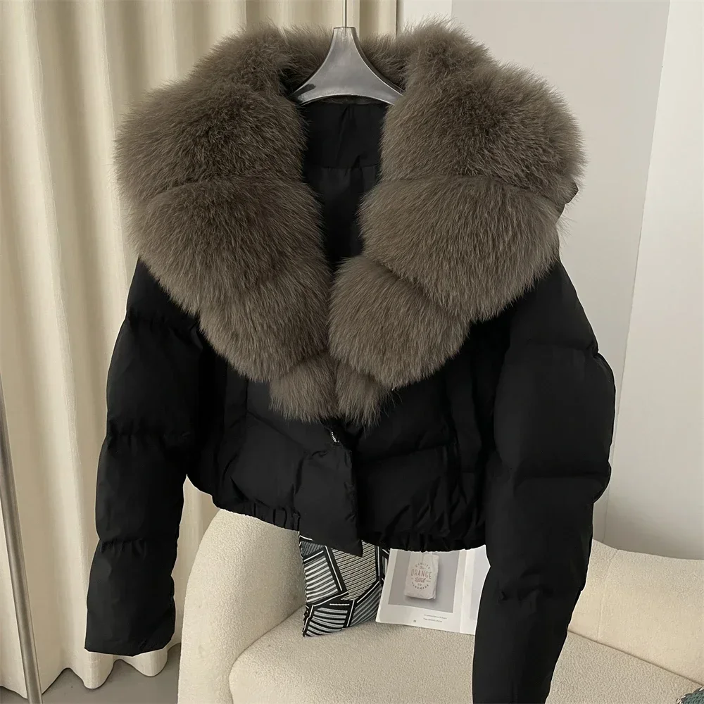 Short Puffer Jacket Thick New Big Natural Real Fox Fur Coat Down Coat Women Autumn Winter Female White Duck Down Coat Feather