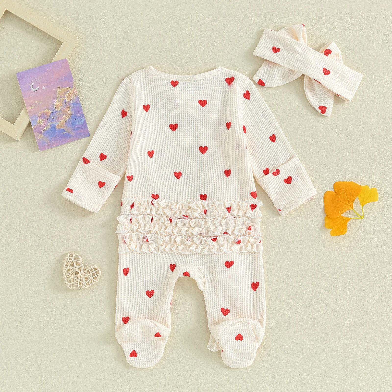 Baby Girls Valentines Day Foot Cover Jumpsuit Long Sleeve Crew Neck Heart Print Ruffle Zipper Footies with Headband