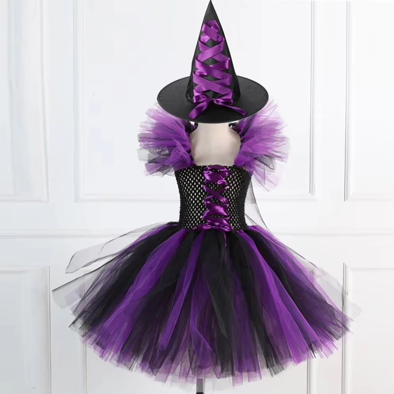 Girls Halloween Witch Costume Tulle Tutu Dress with Pointed Hat Kids Fancy Dress Outfit Carnival Cosplay Party Role Play 3 Color view 3