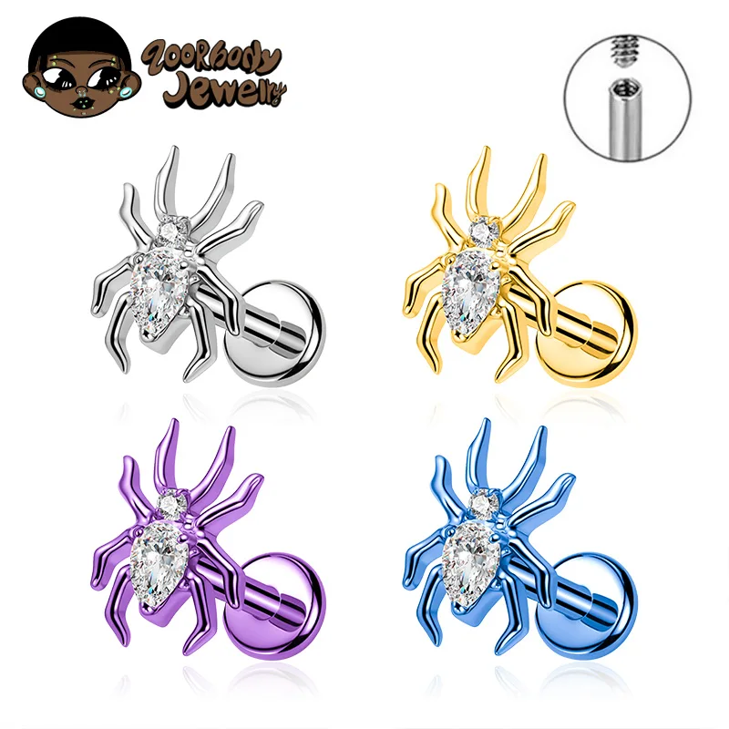 

ASTM F136 Titanium 16G 18G Spider CZ Internal Thread Labret Stud Earring Nose Tragus Helix Flat Stud Halloween Body Piercing