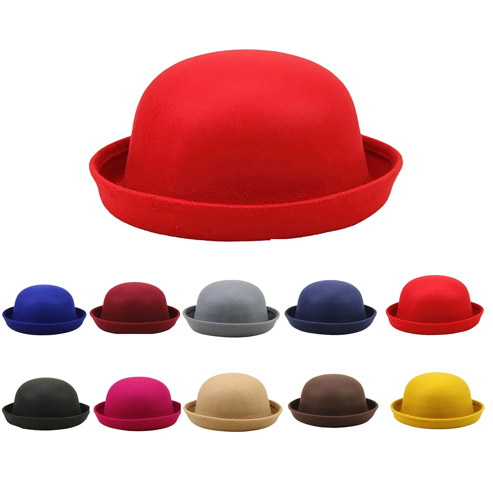 Sombrero Fedora de copa plana para niños y adultos al aire libre, sombrero de Jazz de lana de imitación de Color puro, ala ancha, sombrero redondo elegante para mujer, sombrero tipo bombín