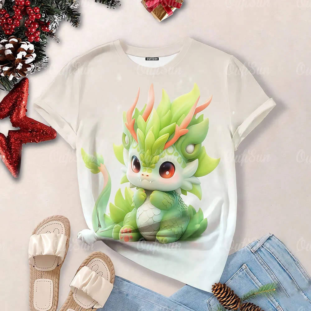 Cartoon Dragon Print T-Shirt For Women Summer O Neck Short Sleeve Tees Female Oversized Harajuku Clothing Casual Streetwear Tops