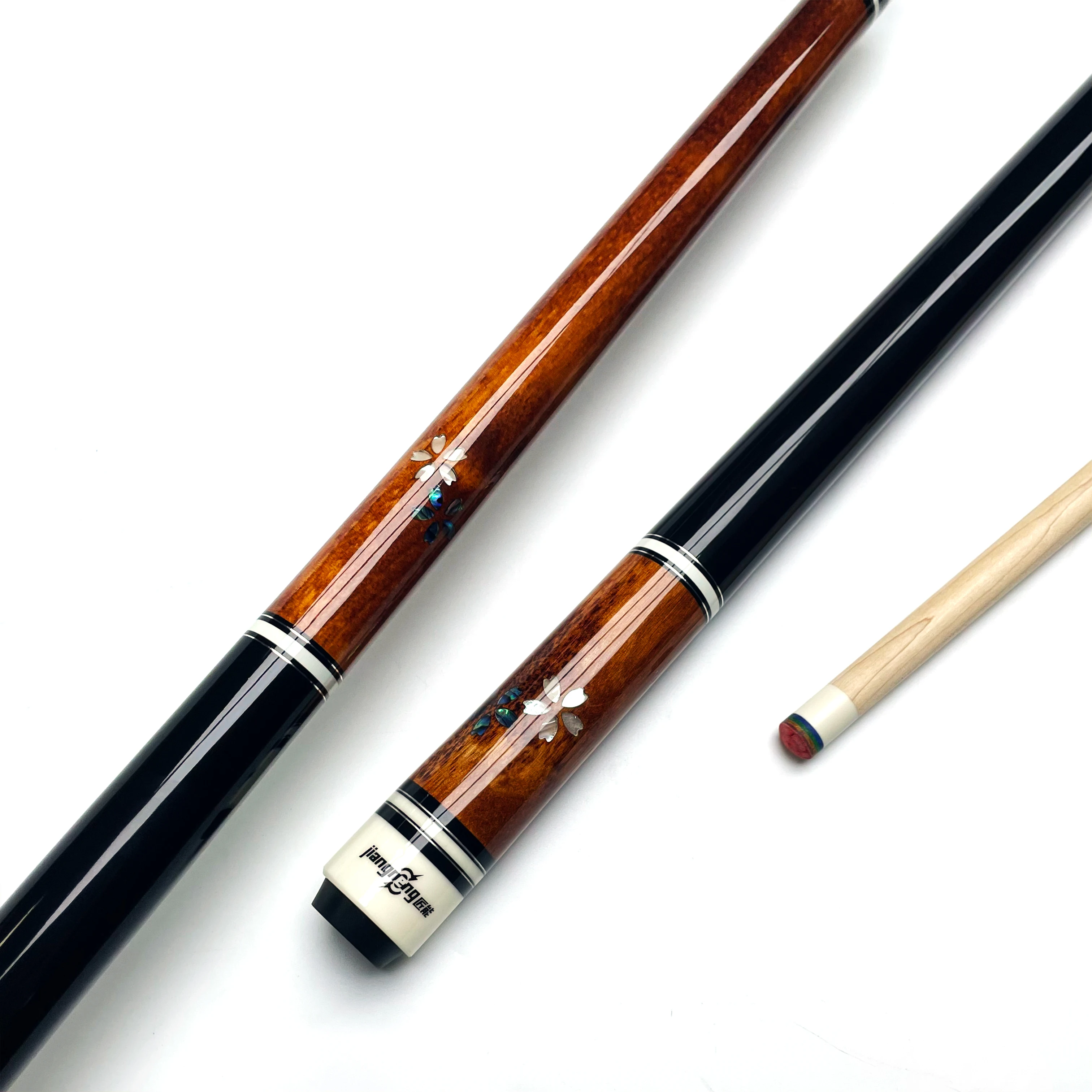 1/2 Split Maple Pool Cue 57in Billiard Stick 12.5mm Tip Inlaid Diamond & Shell Flower Design Multi-Layer Rainbow Leather Tip